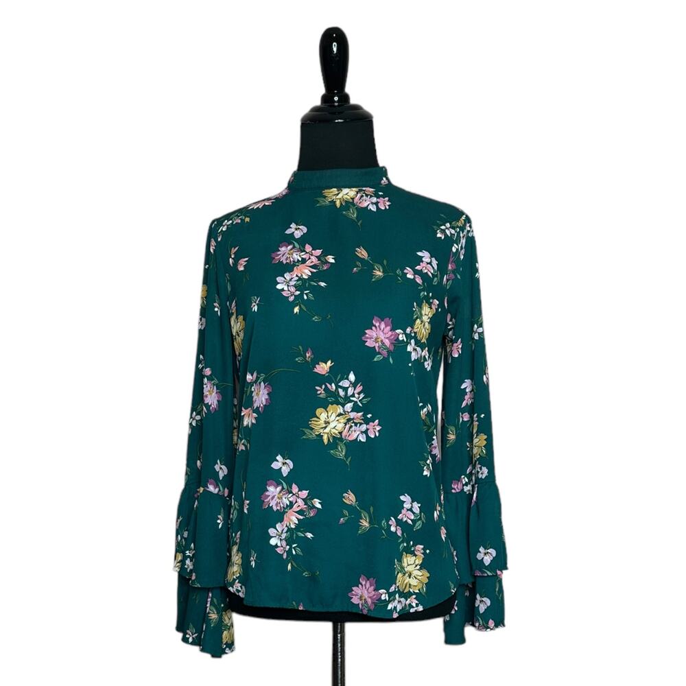 Bershka green floral long ruffle sleeves boho blouse size XS